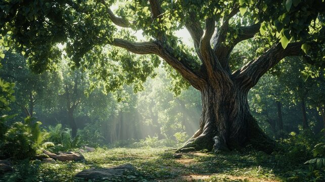 A giant fig tree with a sprawling trunk and dense, dark green foliage, standing alone in a sunlit forest clearing with detailed bark textures.