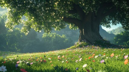 Obraz premium A grand elm tree with a thick trunk and a wide, dome-shaped canopy, isolated in a lush green meadow with wildflowers scattered across the ground.