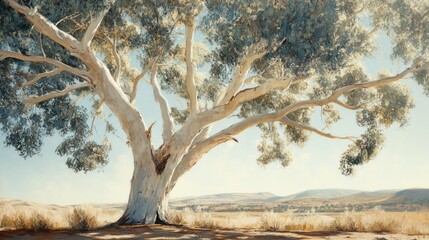 A large eucalyptus tree with smooth, pale bark and slender, silvery-green leaves, standing alone in a dry, sandy landscape under a bright sky