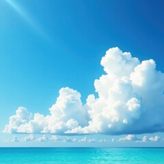 Summer sky, fluffy white cumulus clouds drifting on azure blue , calm, altitude