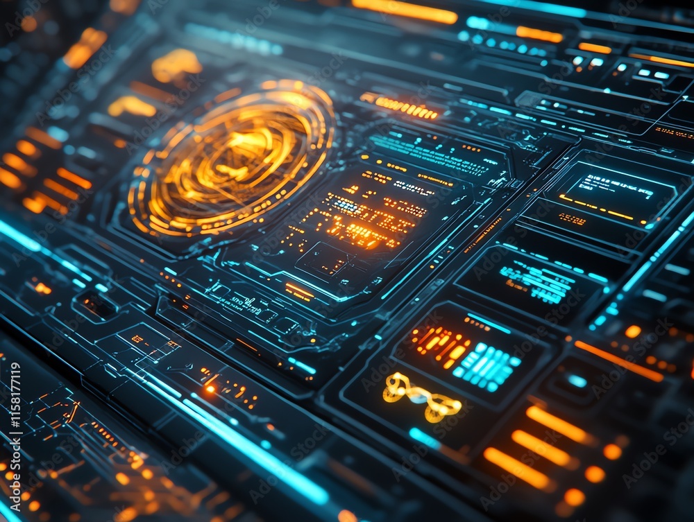 Poster Futuristic digital interface with glowing elements and data displays.