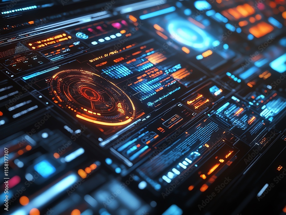 Poster Futuristic digital interface with glowing elements and data displays.