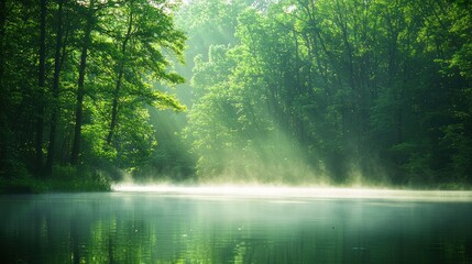 Obraz premium Serene landscape with misty water and lush green trees, evoking tranquility and nature's beauty.