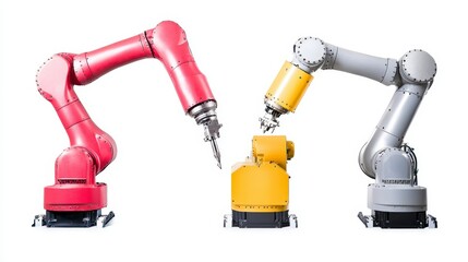Three industrial robotic arms in red, yellow, and gray, showcasing advanced automation technology for manufacturing processes.