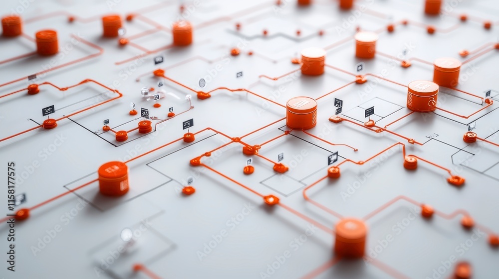Poster a close-up view of a circuit board featuring interconnected pathways and orange nodes, illustrating 