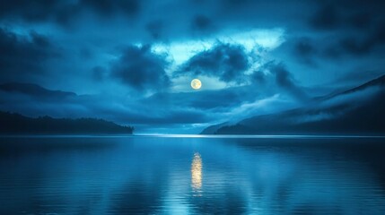 Obraz premium A serene night scene with a full moon reflecting on a calm lake surrounded by misty mountains.