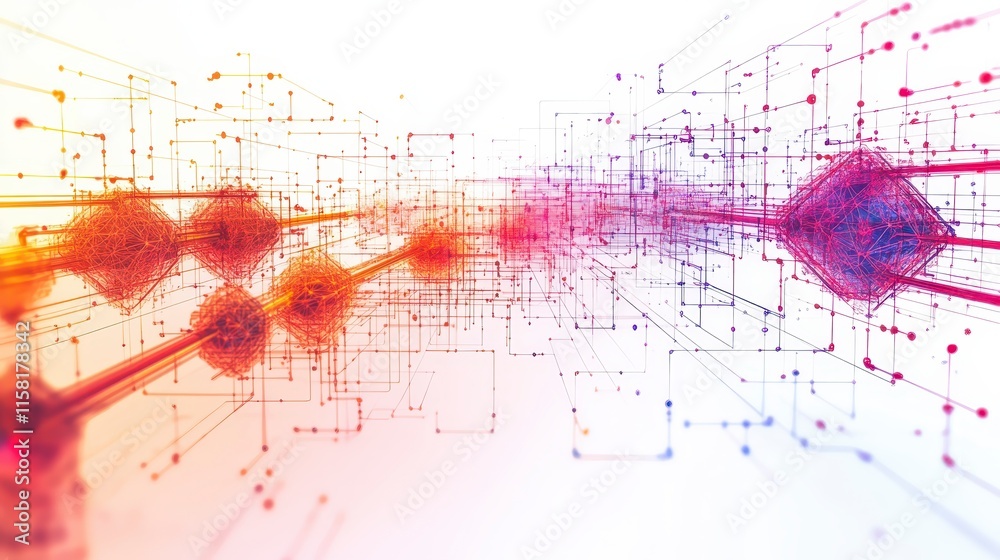 Poster a vibrant abstract design featuring interconnected nodes and lines, representing data flow and digit
