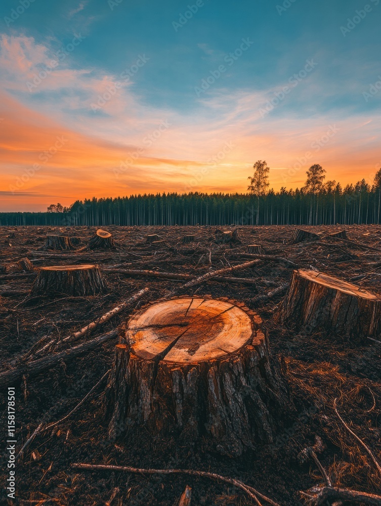 Aufkleber deforested landscape featuring tree stumps under a colorful sunset in a cleared area. generative ai
