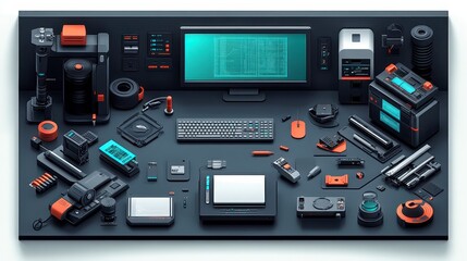 A modern workspace layout featuring various gadgets, tools, and a computer screen with a digital interface, showcasing a tech-savvy environment.