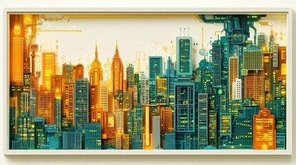 A vibrant, futuristic cityscape illustration showcasing tall skyscrapers in various colors, illuminated by warm, glowing lights.