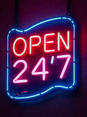 Colorful "Open 24/7" neon sign with vibrant background and playful design