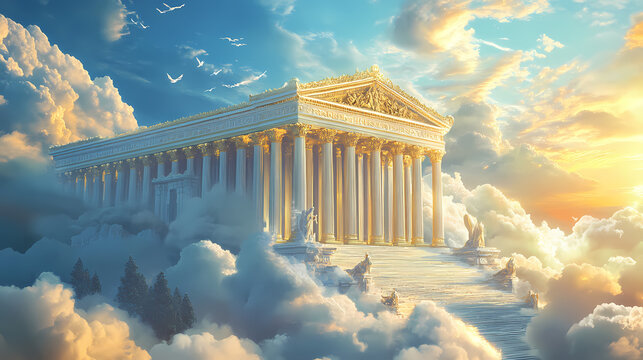 Fantastical palace atop mount olympus ethereal clouds majestic columns shimmering golden details mythical creatures otherworldly atmosphere. Aetherial. Illustration