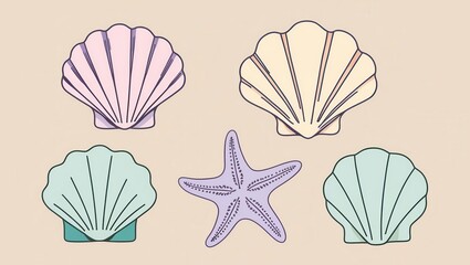 Pastel Seashells Starfish Illustration Beach Summer Ocean Coastal Nautical Marine Life Design