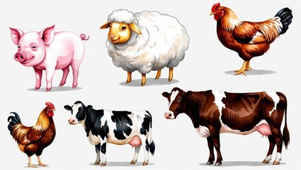 Farm Animals Pig Sheep Rooster Cow Chicken Illustration