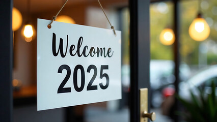 Welcome 2025 sign hanging on glass door with blurred lights..