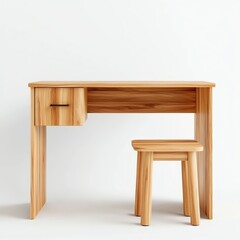 Fototapeta premium A simple wooden desk with a drawer and a matching stool, showcasing a minimalist design against a plain background.