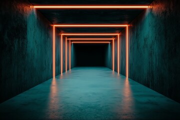 Fototapeta premium A dimly lit corridor with glowing neon lines, creating a futuristic and visually striking atmosphere.
