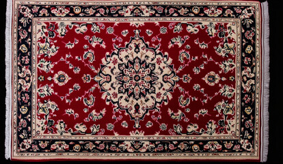 persian rectangle carpet, pattern, red, top view, inside color red, background color black, only red and beige color, Long rectangular, Vertical long rectangular