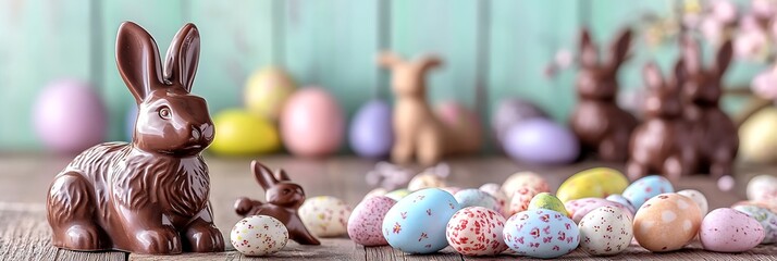 A table with chocolate bunnies, Easter eggs, and candy, easter table