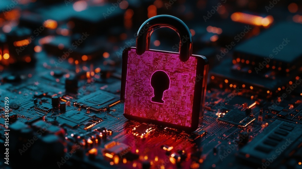 Poster secure technology with lock and circuit background