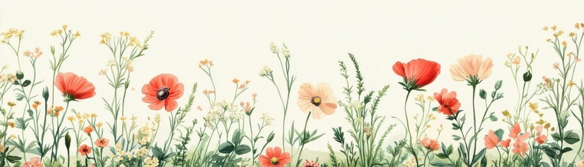 Pastel-themed seamless botanical design with wildflowers, classic cottagecore aesthetic for versatile applications