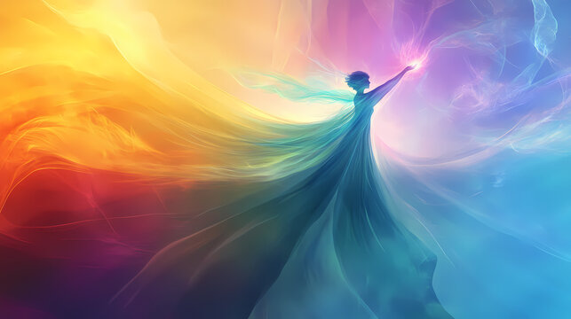 Aetherial embrace of serenity: gentle, flowing energy enveloping figure, reducing anxiety, promoting deep inner peace. Aetherial. Illustration