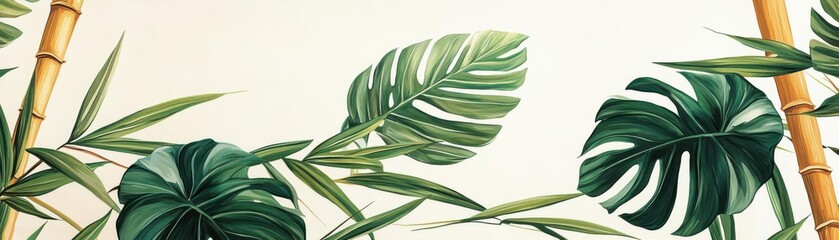 Seamless patterns of tropical monstera leaves and bamboo shoots, modern classic design for summer-themed products
