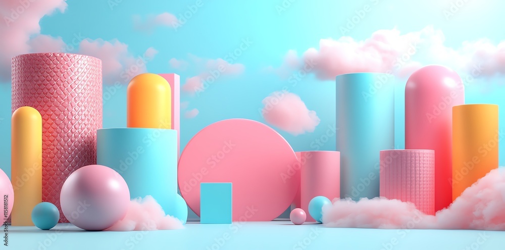 Poster a colorful abstract scene featuring geometric shapes and soft clouds against a pastel background.