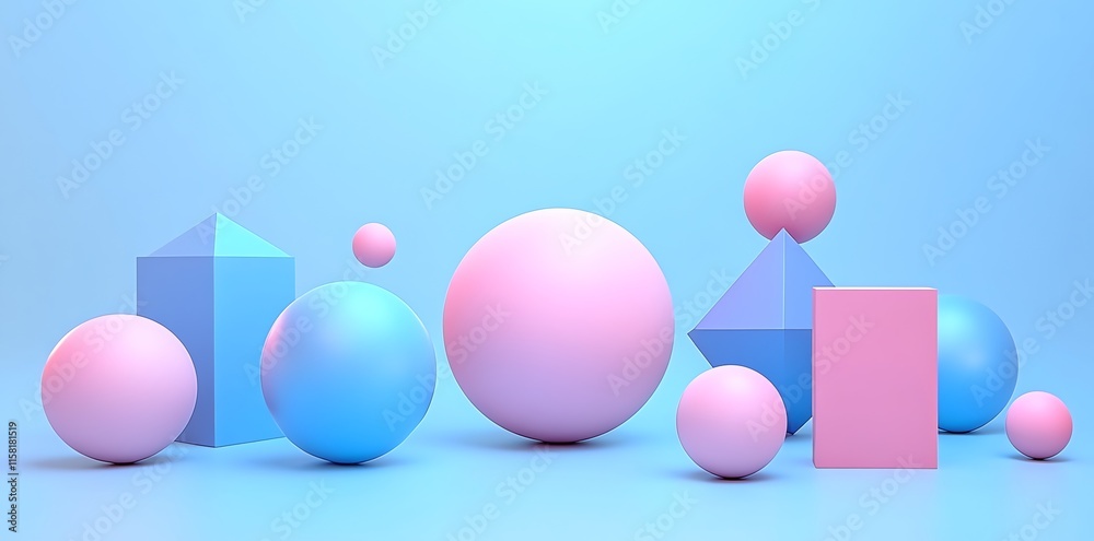 Aufkleber a collection of colorful 3d geometric shapes in pastel hues on a gradient background.
