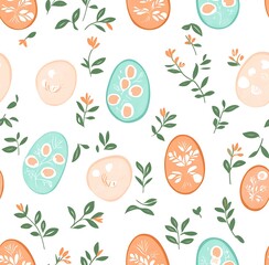 Cute Easter eggs and flowers in a repeating pattern on a white background
