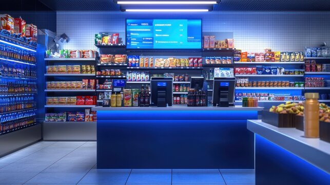 A modern convenience store interior with snacks, drinks, and checkout counters.