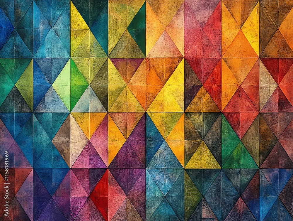Poster A vibrant geometric pattern composed of colorful triangles, creating a dynamic visual effect.