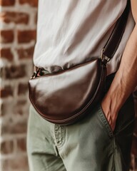Stylish Brown Leather Half-Moon Crossbody Bag for Men, Fashionable Accessory, Casual Look
