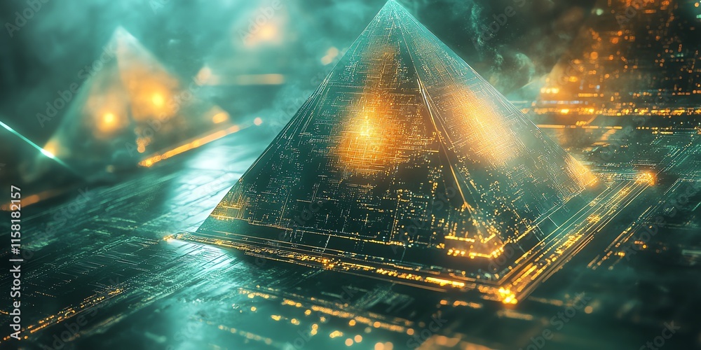 Poster Futuristic pyramids glowing with digital patterns in a misty environment.