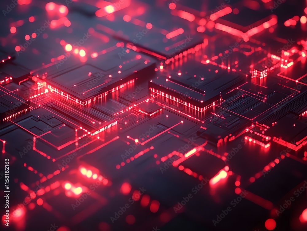 Aufkleber Abstract digital circuit board with glowing red lights.