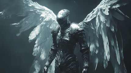 Angelic warrior: fantasy art, wings, armor. Aetherial. Illustration