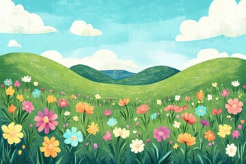 Vibrant meadow with blooming flowers and rolling hills under a bright blue sky. Generative AI