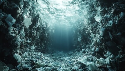 Obraz premium Toxic ocean environment with plastic waste, polluted water, and debris washing ashore, depicting the devastating effects of human negligence