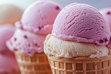 Close-Up View of Delicious Ice Cream Scoops in Waffle Cones with Pink and Creamy Vanilla Flavors Perfect for Summer Treats and Refreshing Desserts