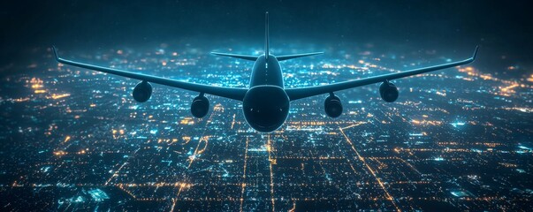 Digital transformation and adaption technology. Aerial view of an airplane flying over a city at night.