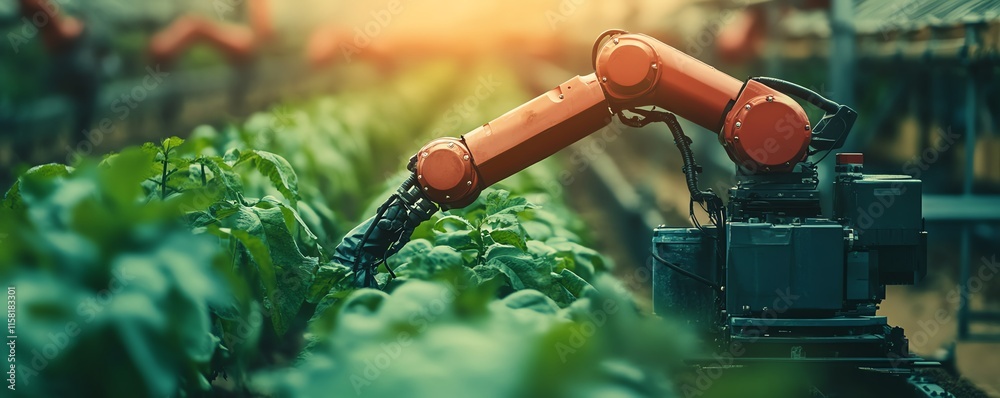 Poster Advanced robot farmers with cuttingedge automation systems in a lush agricultural landscape, transforming farming with innovative technology and ecofriendly practices