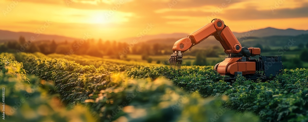 Aufkleber Advanced robot farmers with cuttingedge automation systems in a lush agricultural landscape, transforming farming with innovative technology and ecofriendly practices
