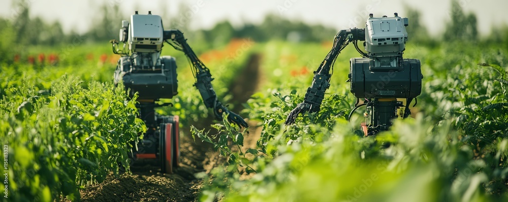 Poster Advanced robot farmers with cuttingedge automation systems in a lush agricultural landscape, transforming farming with innovative technology and ecofriendly practices