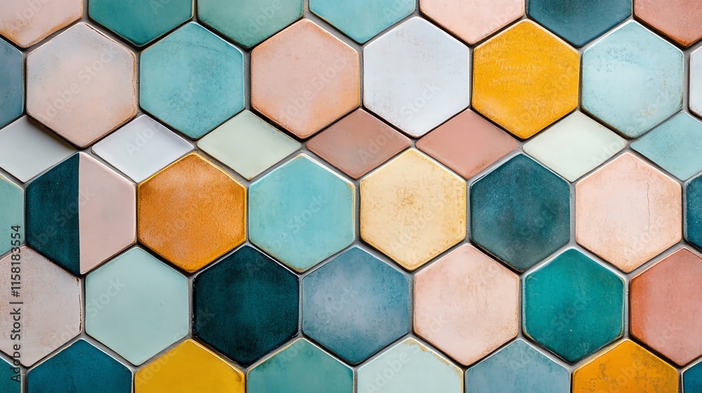 Aufkleber a colorful arrangement of hexagonal tiles in various shades and textures for decorative purposes.