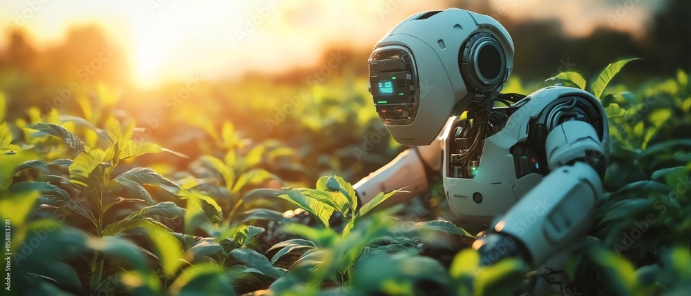 Poster Futuristic farm with robot farmers utilizing drones, sensors, and autonomous machines for efficient crop management and sustainable agriculture