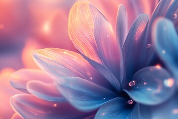 A close-up of a colorful flower with soft petals and delicate water droplets.