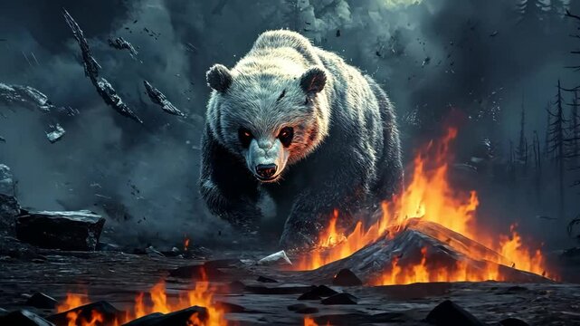 ferocious panda with burning ground, fire flame with angry panda face