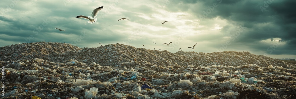 Poster Seagulls soaring above a vast landfill with a dramatic sky in the background and ample space for text. Generative AI