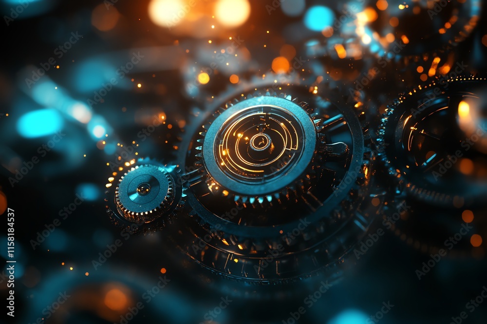 Poster A close-up view of intricate gears with glowing elements, emphasizing technology and mechanics.