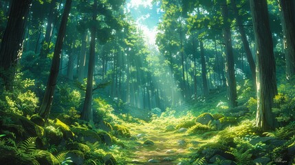 Obraz premium Sunlit path through lush green forest, mossy rocks, tall trees.